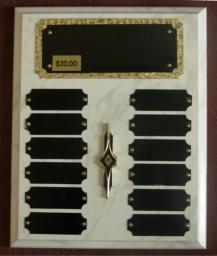 White ordance plaque with black metal plates.